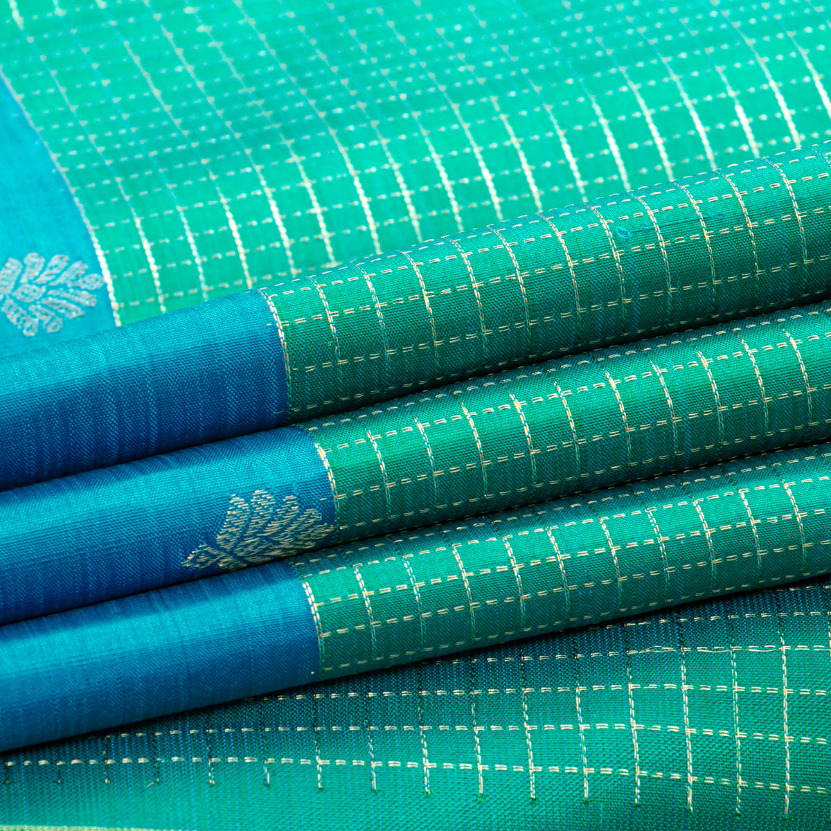 Sea Green And Blue Kanchipuram Silk Saree For Festive Wear PV MEN 237 - Silk Sari - Panjavarnam PV MEN 237