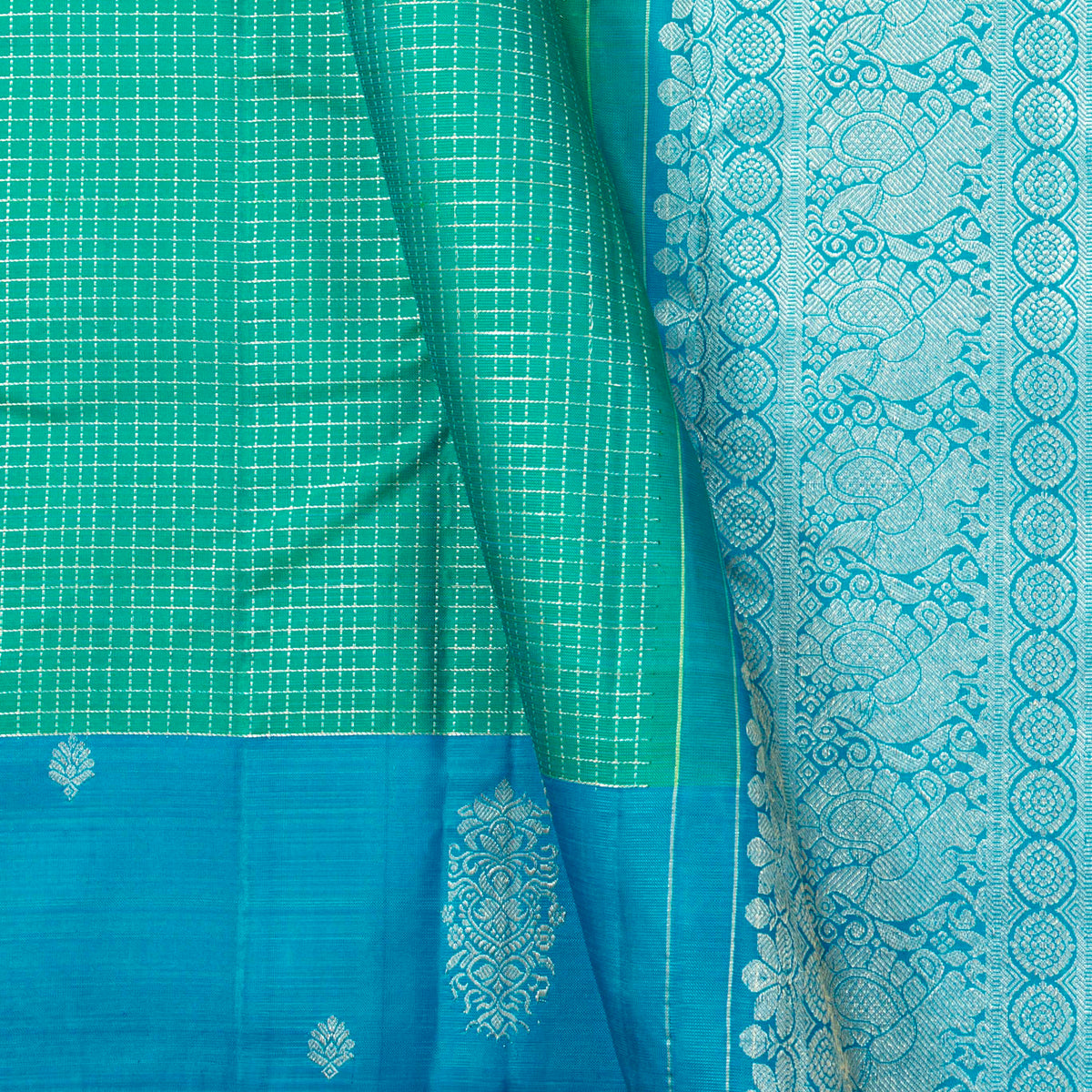 Sea Green And Blue Kanchipuram Silk Saree For Festive Wear PV MEN 237 - Silk Sari - Panjavarnam PV MEN 237