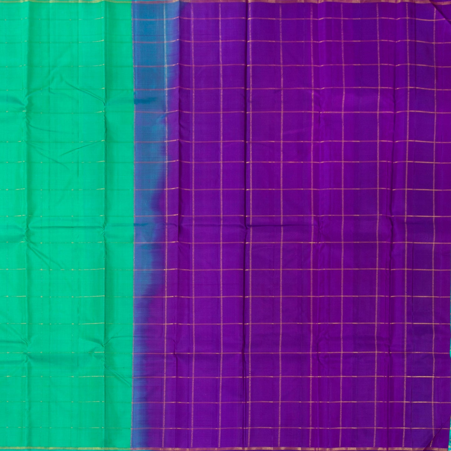 Turquoise Green And Violet Light Weight Borderless Kanchipuram Silk Saree For Festive Wear PV 2041