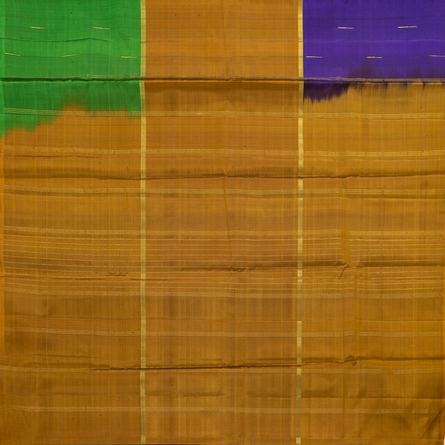 Violet, Mustard And Green Mubbagam Kanchipuram Silk Saree For Festive Wear PV 2051