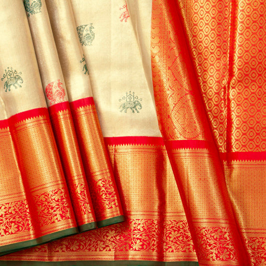 Off White And Red Tissue Kanchipuram Silk Saree For Bridal Wear PV MEN 292