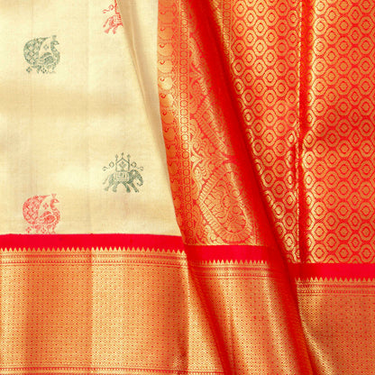 Off White And Red Tissue Kanchipuram Silk Saree For Bridal Wear PV MEN 292