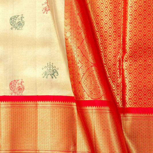 Off White And Red Tissue Kanchipuram Silk Saree For Bridal Wear PV MEN 292