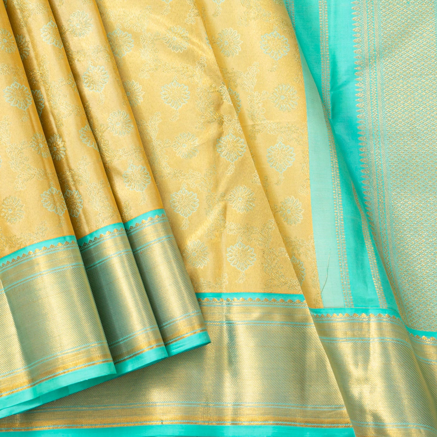 Gold And Blue Tissue Kanchipuram Silk Saree For Bridal Wear PV MEN 274 - Silk Sari - Panjavarnam PV MEN 274