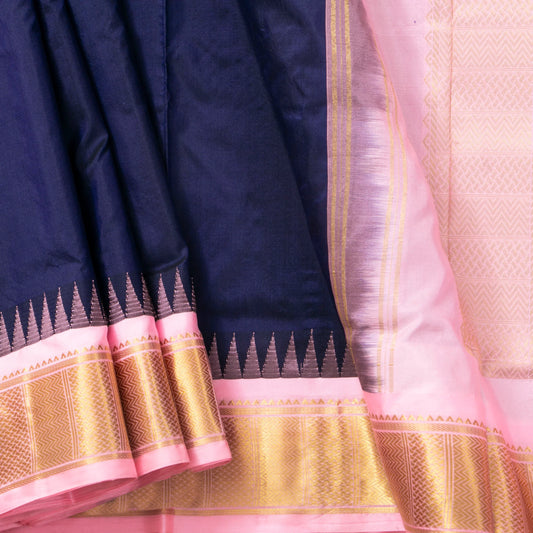 9 Yards Blue And Pastel Pink Kanchipuram Silk Saree Handwoven Pure Silk Pure Zari For Wedding Wear PV NYC 1697