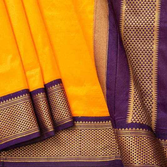 9 Yards Yellow And Purple Kanchipuram Silk Saree Handwoven Pure Silk Pure Zari For Wedding Wear PV NYC 1699