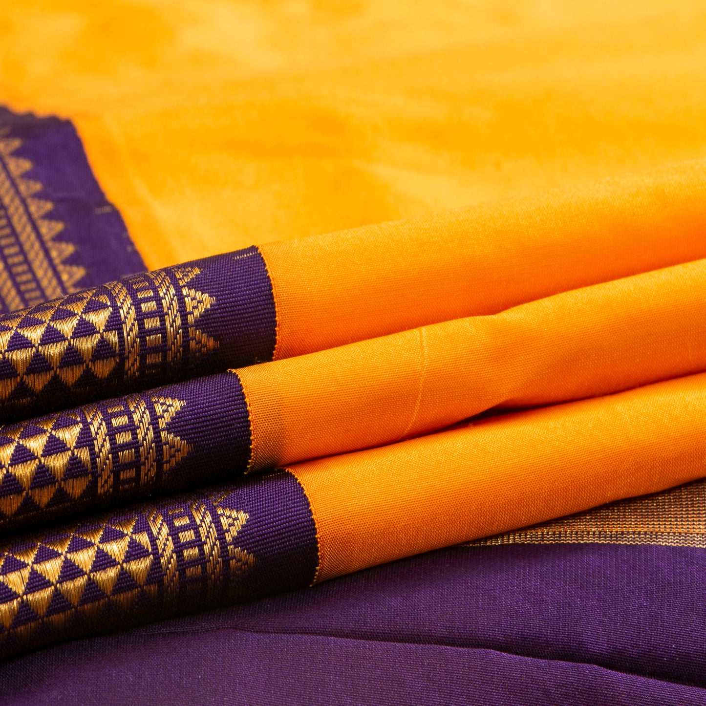 9 Yards Yellow And Purple Kanchipuram Silk Saree Handwoven Pure Silk Pure Zari For Wedding Wear PV NYC 1699