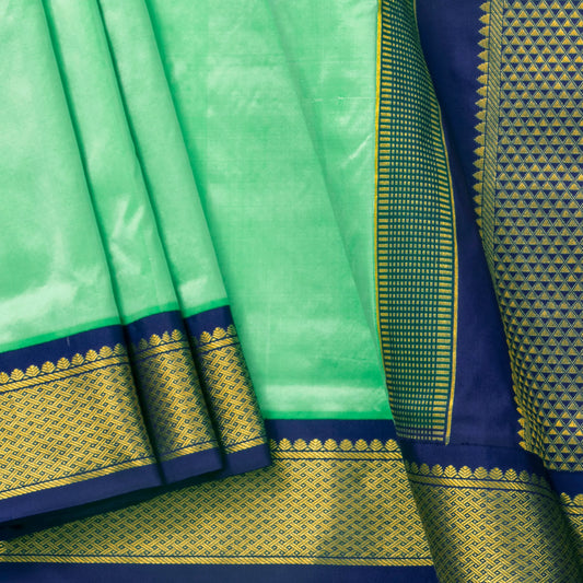 9 Yards Pista Green And Blue Kanchipuram Silk Saree Handwoven Pure Silk Pure Zari For Wedding Wear PV NYC 1704