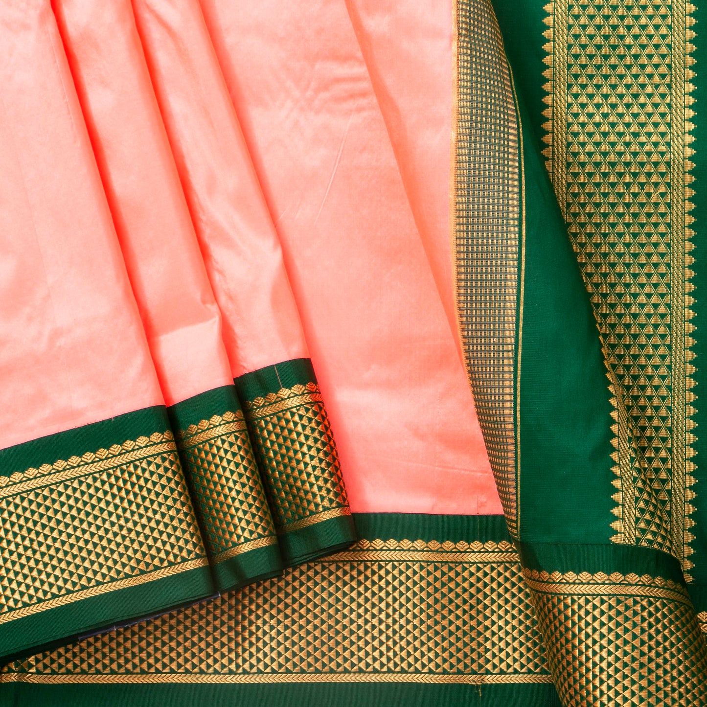 9 Yards Pastel Peach Ganga Jamuna Border Kanchipuram Silk Saree Handwoven Pure Silk Pure Zari For Wedding Wear PV NYC 1698