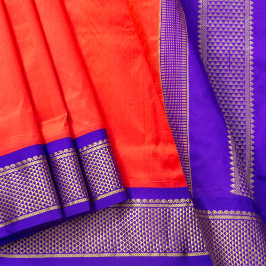 9 Yards Orange And Violet Kanchipuram Silk Saree Handwoven Pure Silk Pure Zari For Wedding Wear PV NYC 1710