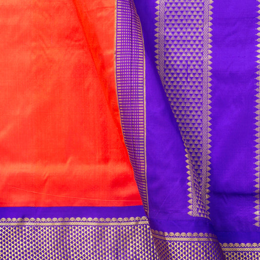 9 Yards Orange And Violet Kanchipuram Silk Saree Handwoven Pure Silk Pure Zari For Wedding Wear PV NYC 1710