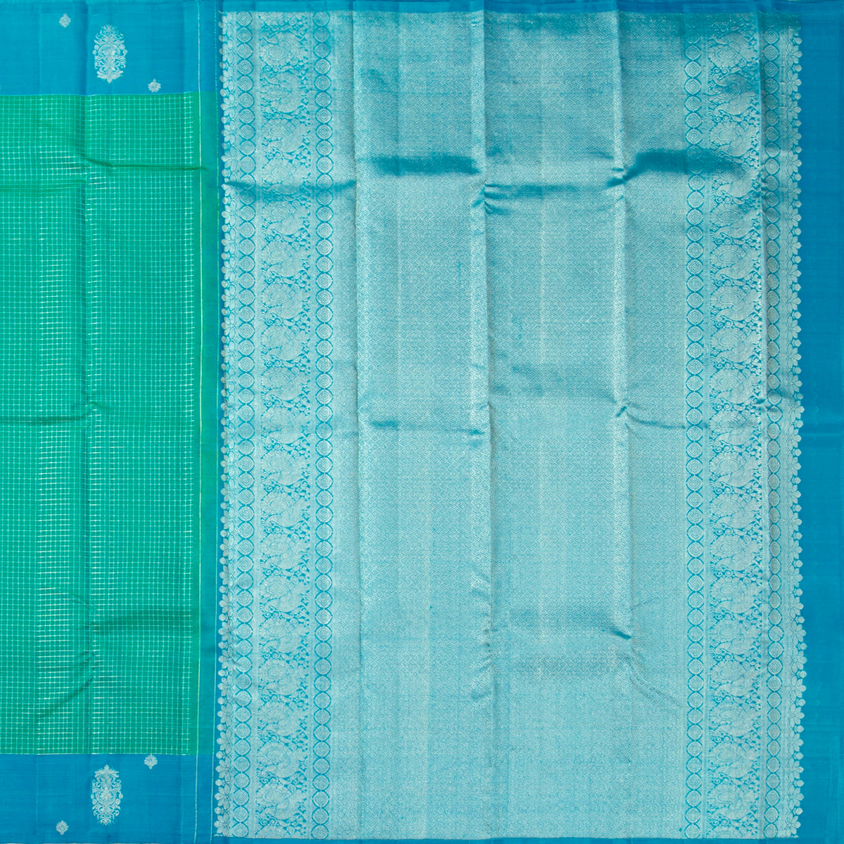 Sea Green And Blue Kanchipuram Silk Saree For Festive Wear PV MEN 237 - Silk Sari - Panjavarnam PV MEN 237