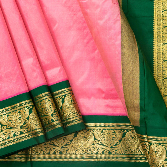9 Yards Pink And Green Kanchipuram Silk Saree Handwoven Pure Silk Pure Zari For Wedding Wear PV NYC 1709