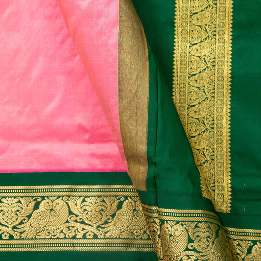 9 Yards Pink And Green Kanchipuram Silk Saree Handwoven Pure Silk Pure Zari For Wedding Wear PV NYC 1709