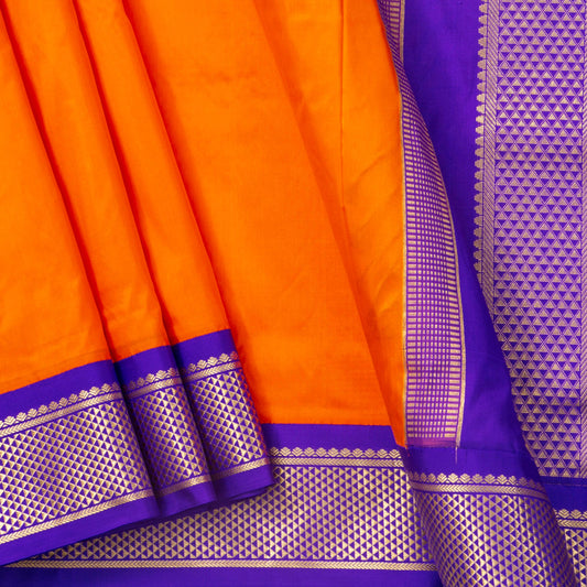9 Yards Orange And Violet Kanchipuram Silk Saree Handwoven Pure Silk Pure Zari For Wedding Wear PV NYC 1700