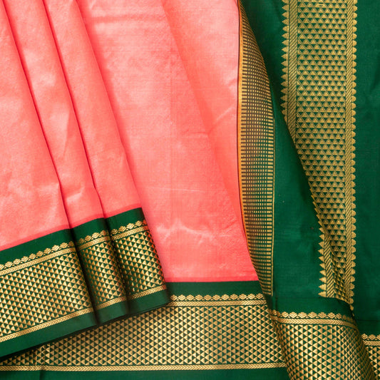 9 Yards Peach And Green Kanchipuram Silk Saree Handwoven Pure Silk Pure Zari For Wedding Wear PV NYC 1706