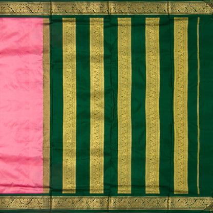 9 Yards Pink And Green Kanchipuram Silk Saree Handwoven Pure Silk Pure Zari For Wedding Wear PV NYC 1709