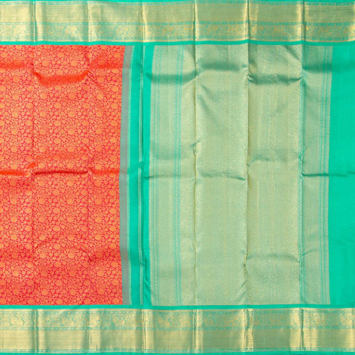 Red And Sea Green Kanchipuram Silk Saree For Festive Wear PV MEN 224 - Silk Sari - Panjavarnam PV MEN 224
