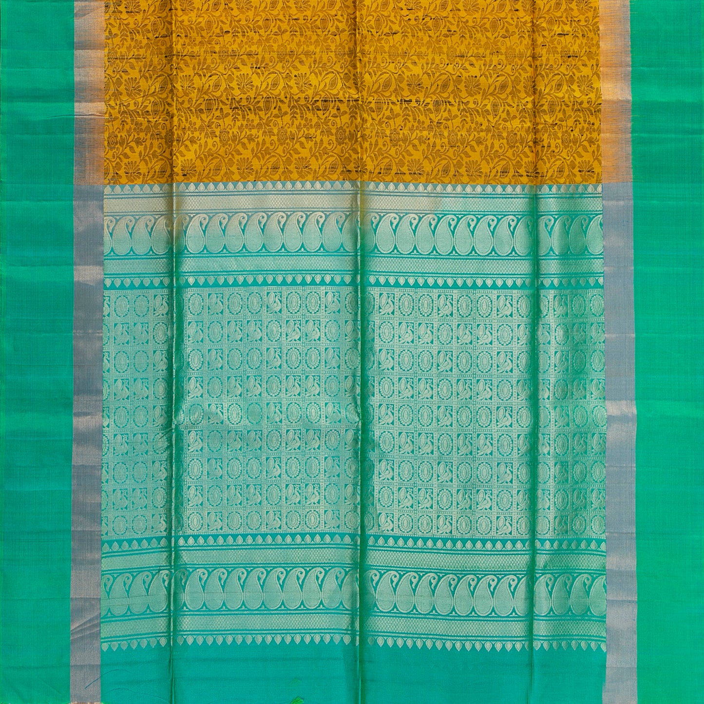 Yellow And Sea Green Handwoven Soft Silk Saree Pure Silk For Office Wear PV NYC 1688