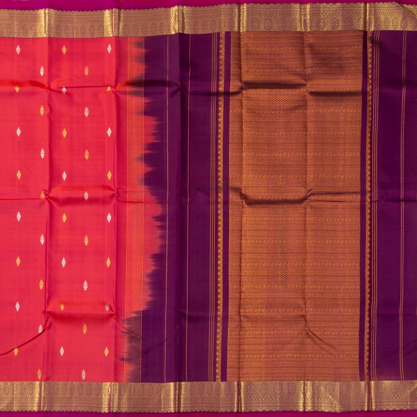Tomato Pink And Magenta Kanchipuram Silk Saree With Zari Checks For Festive Wear PV NYC 1584