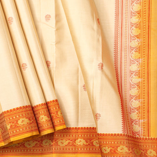 Off White Kanchipuram Silk Saree With No Zari For Office Wear PV RM NZ 509