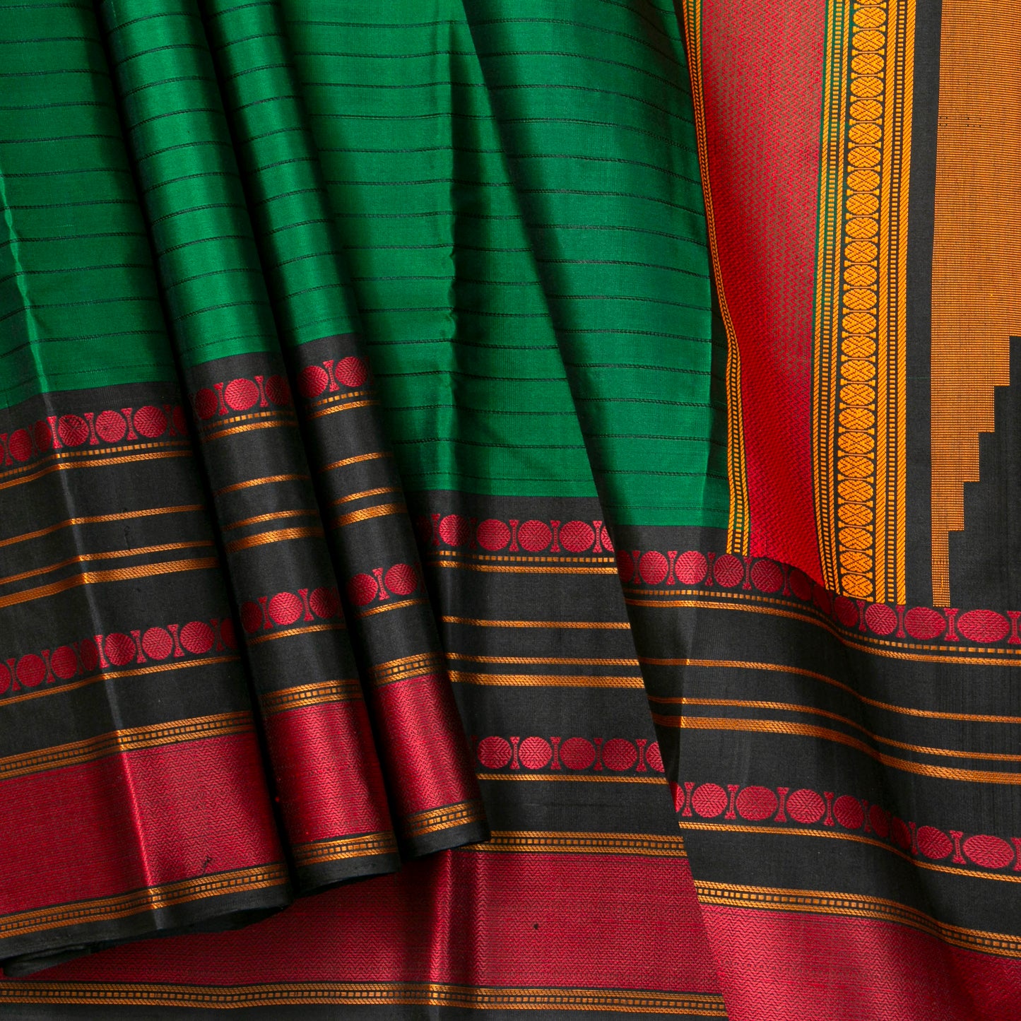 Green And Black Kanchipuram Silk Saree With No Zari For Office Wear PV RM NZ 500