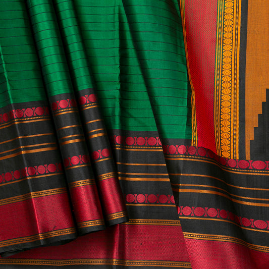 Green And Black Kanchipuram Silk Saree With No Zari For Office Wear PV RM NZ 500