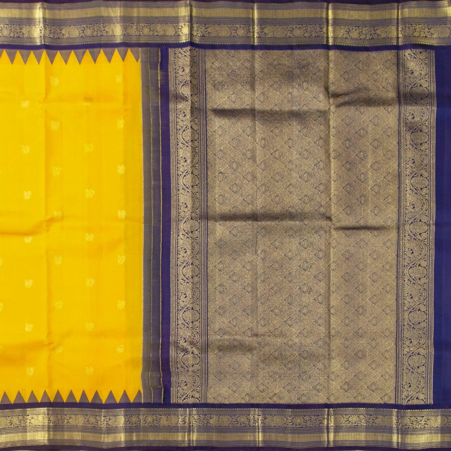 Yellow And Navy Blue Kanchipuram Silk Saree For Wedding Wear PV NYC 1627