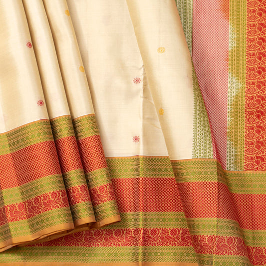 Off White Kanchipuram Silk Saree With No Zari For Office Wear PV RM NZ 505