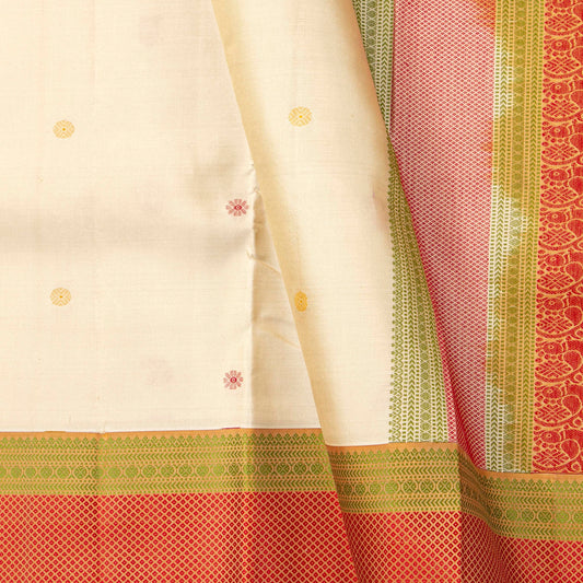 Off White Kanchipuram Silk Saree With No Zari For Office Wear PV RM NZ 505