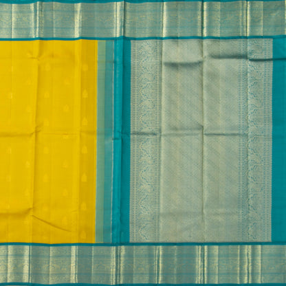 Yellow And Turquoise Green Kanchipuram Silk Saree With Vaira Oosi Zari Stripes For Bridal Wear PV NYC 1607