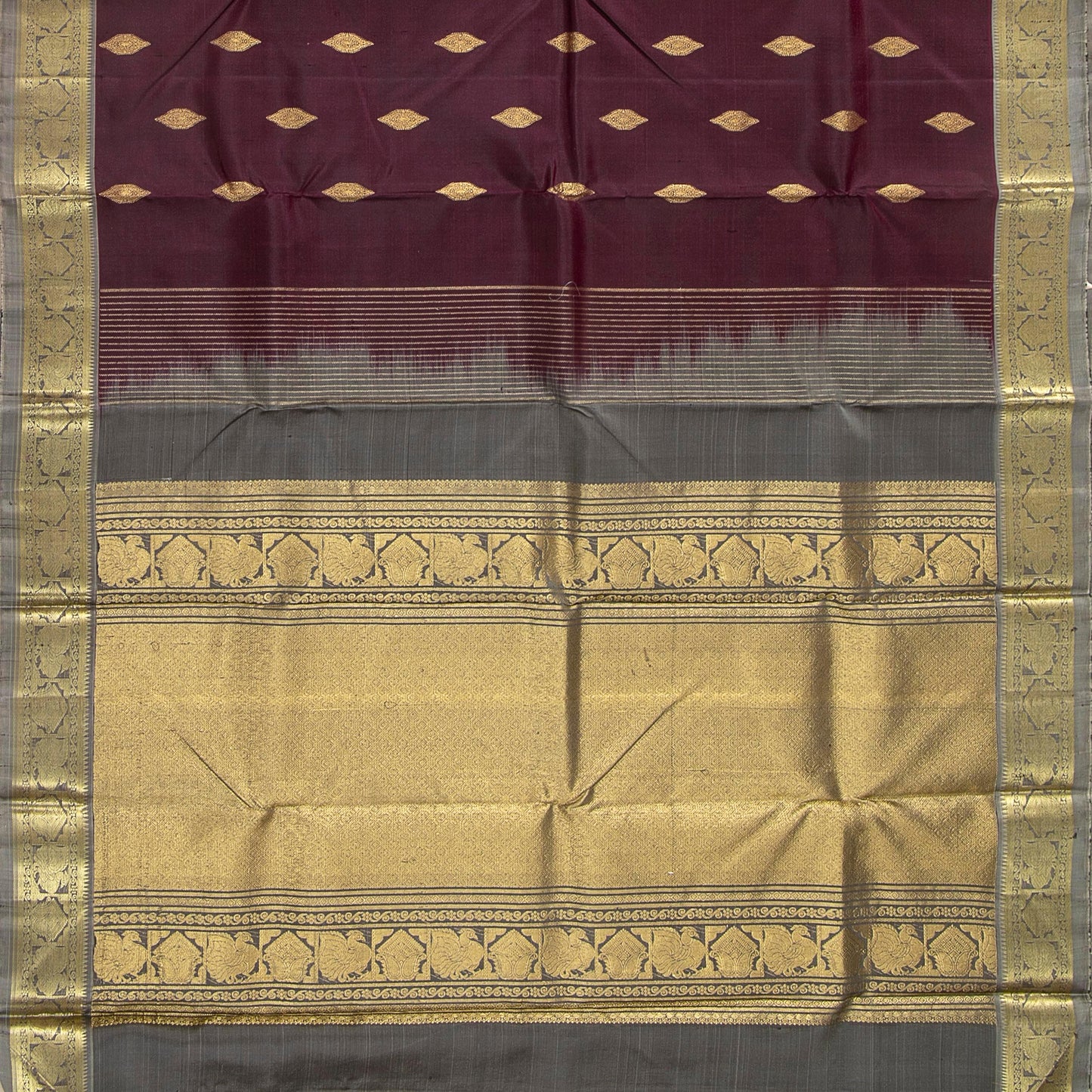 Purple And Grey Kanchipuram Silk Saree With Vanki Motifs For Festive Wear PV NYC 1639