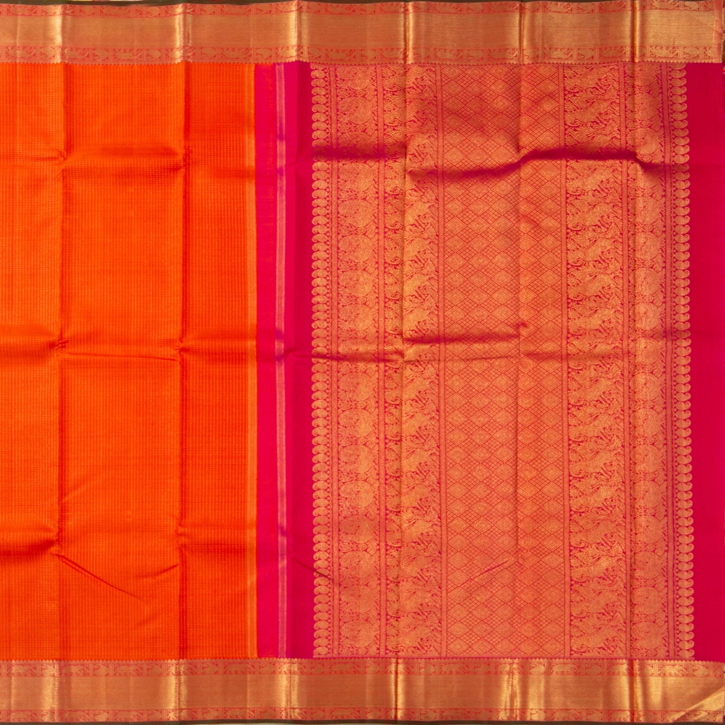 Orange And Pink Kanchipuram Silk Saree With Zari Checks For Wedding Wear PV NYC 1626