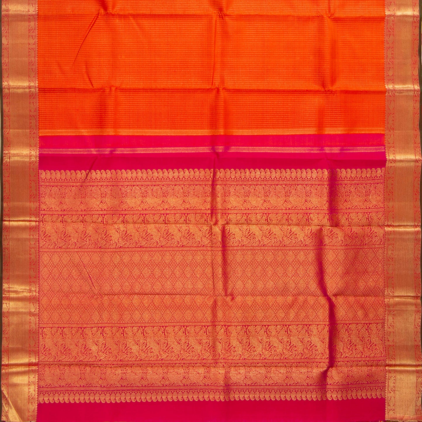 Orange And Pink Kanchipuram Silk Saree With Zari Checks For Wedding Wear PV NYC 1626