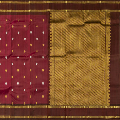 Maroon And Brown Kanchipuram Silk Saree With Rettai Pettu Border And Silver And Gold Zari For Festive Wear PV NYC 1608