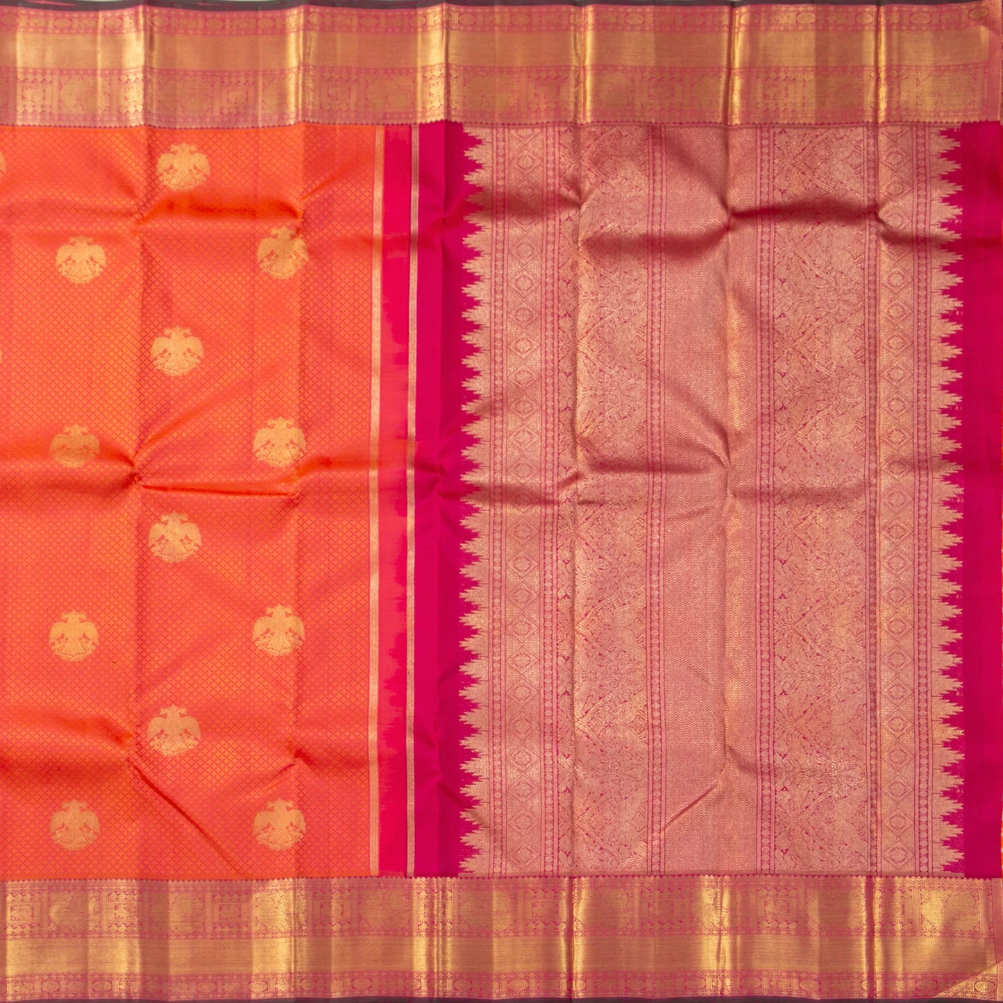 Pink, Magenta And Red Kanchipuram Silk Saree With Jacquard Silk Work And Ganda Berunda Motifs For Wedding Wear PV NYC 1673