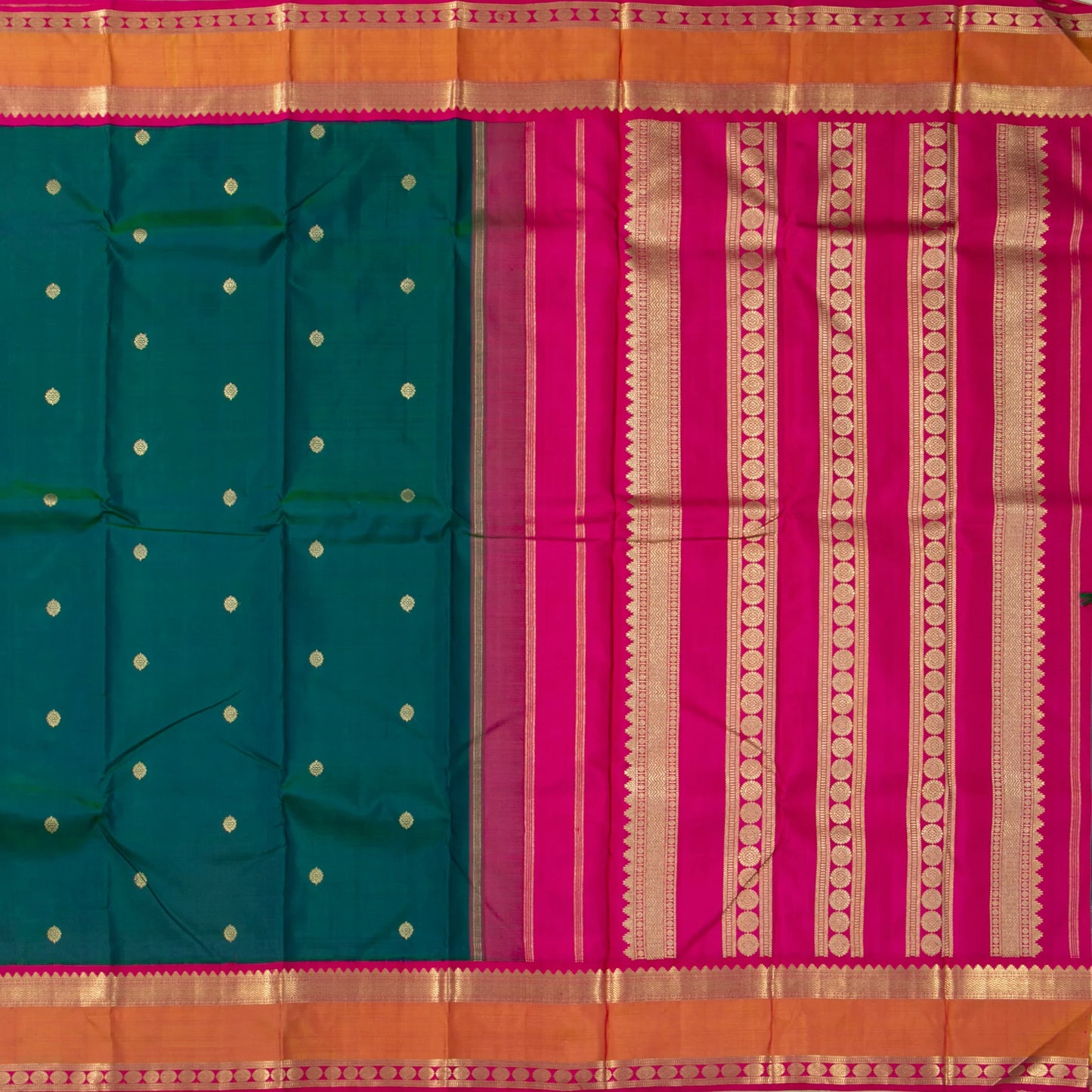 Green And Pink Kanchipuram Silk Saree With Zari Checks For Wedding Wear PV NYC 1585