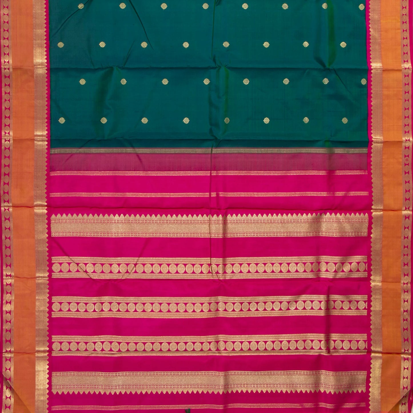 Green And Pink Kanchipuram Silk Saree With Zari Checks For Wedding Wear PV NYC 1585