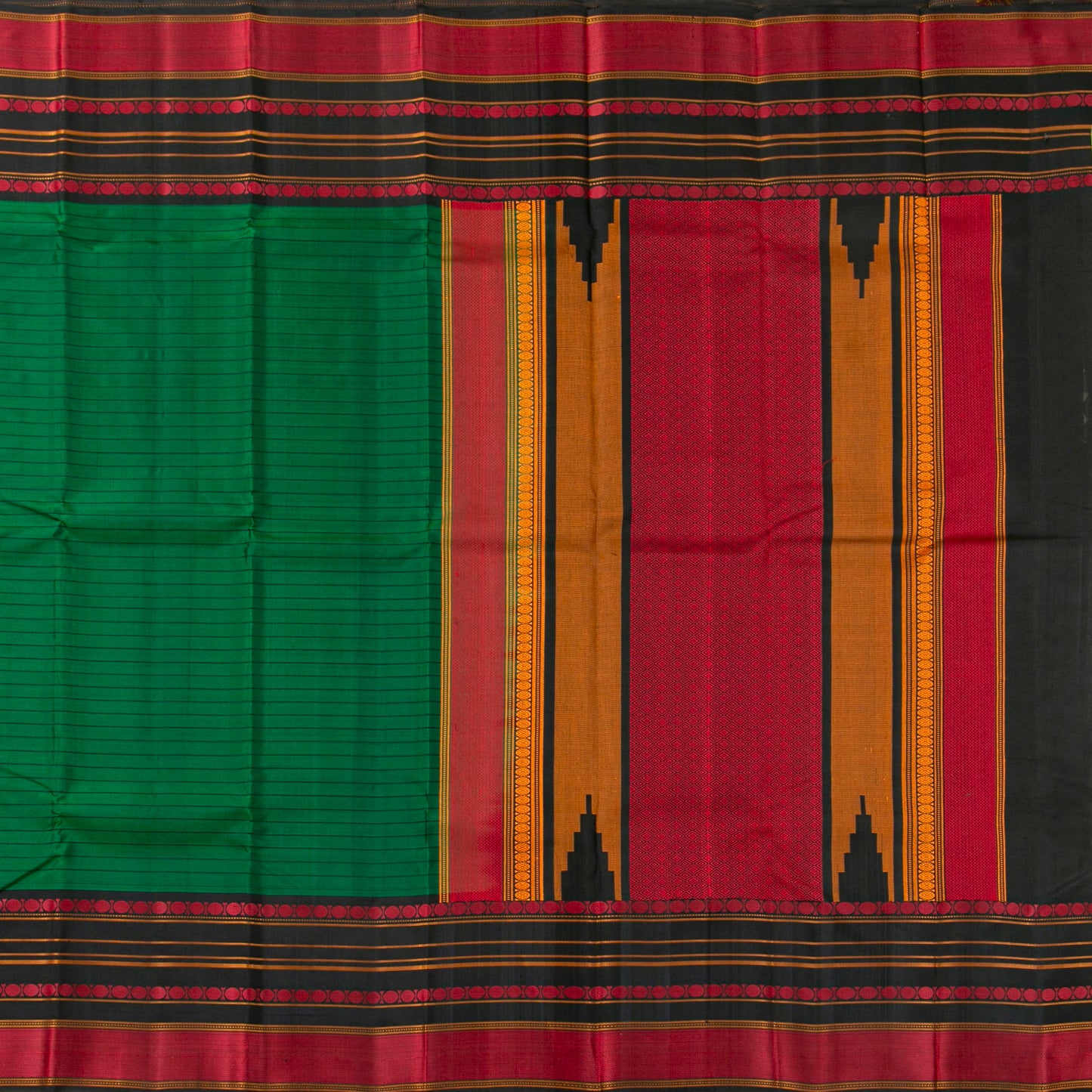 Green And Black Kanchipuram Silk Saree With No Zari For Office Wear PV RM NZ 500