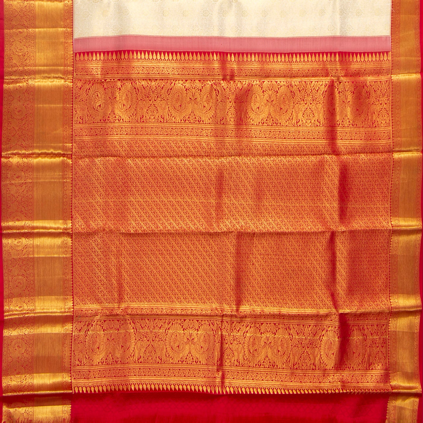 Off White And Red Kanchipuram Silk Saree For Wedding Wear PV NYC 1686