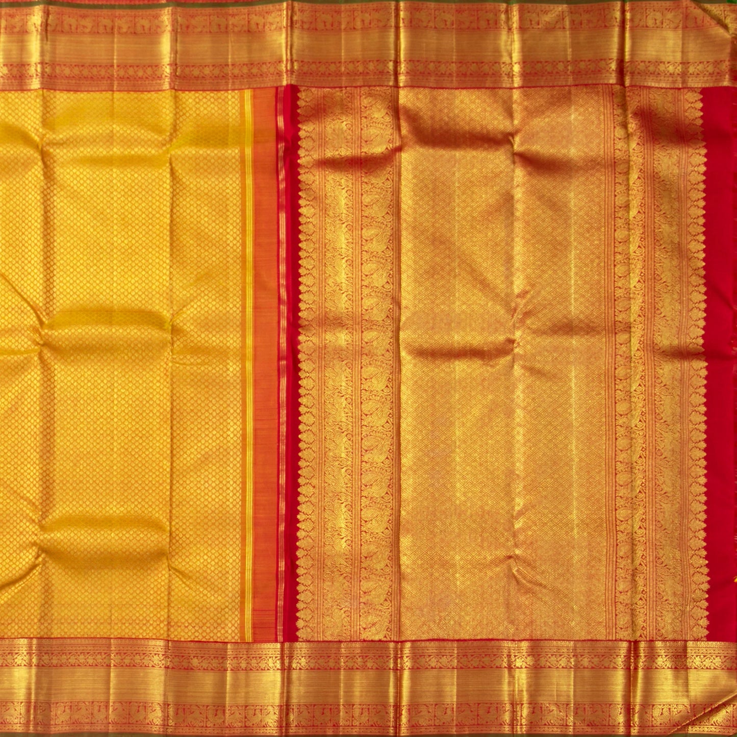 Mustard And Red Kanchipuram Silk Saree For Wedding Wear PV NYC 1656