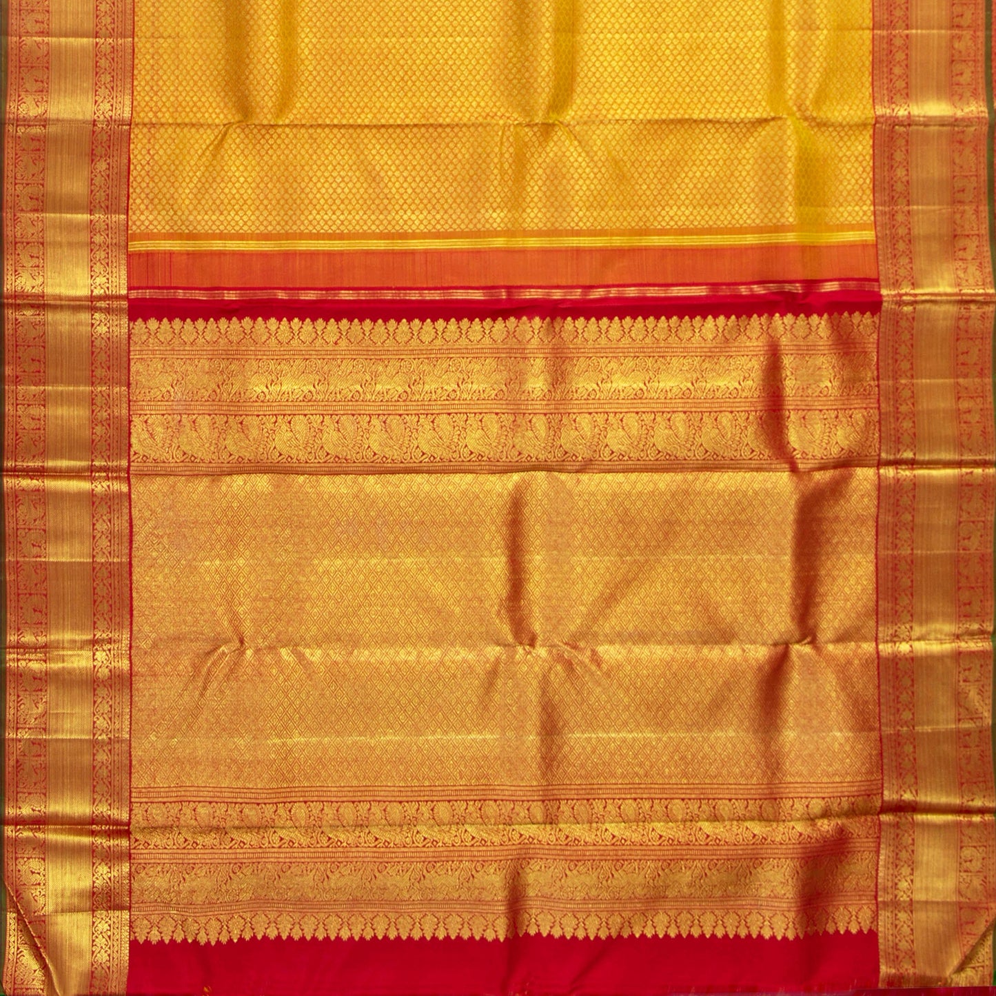 Mustard And Red Kanchipuram Silk Saree For Wedding Wear PV NYC 1656