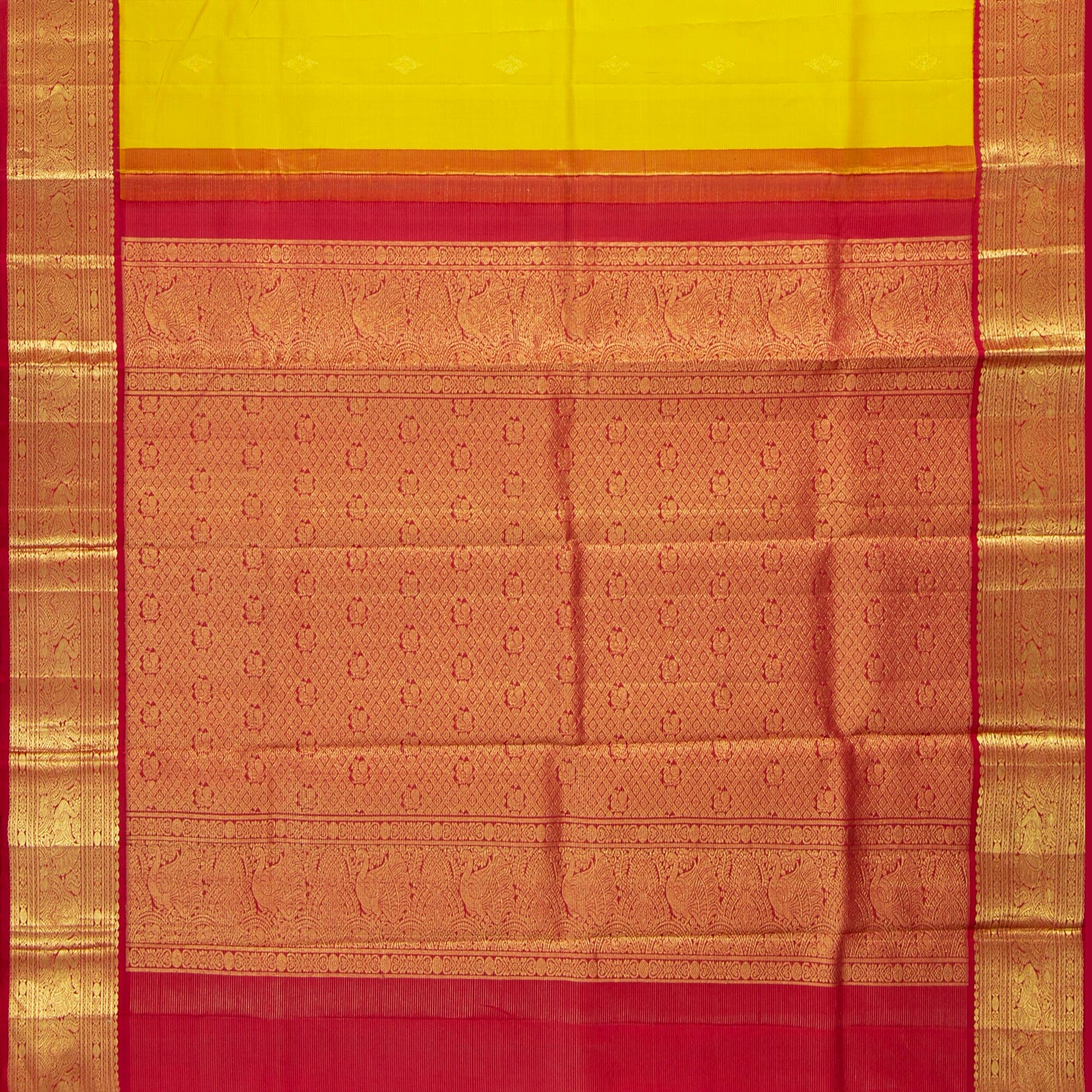 Yellow And Red Kanchipuram Silk Saree Vaira Oosi For Wedding Wear PV NYC 1581
