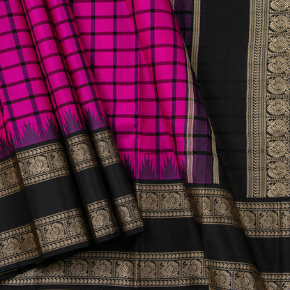 Pink And Black Kanchipuram Silk Saree With No Zari For Festive Wear PV RM NZ 482