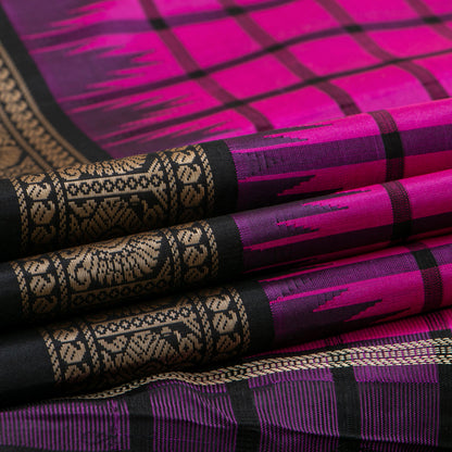 Pink And Black Kanchipuram Silk Saree With No Zari For Festive Wear PV RM NZ 482