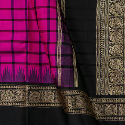 Pink And Black Kanchipuram Silk Saree With No Zari For Festive Wear PV RM NZ 482