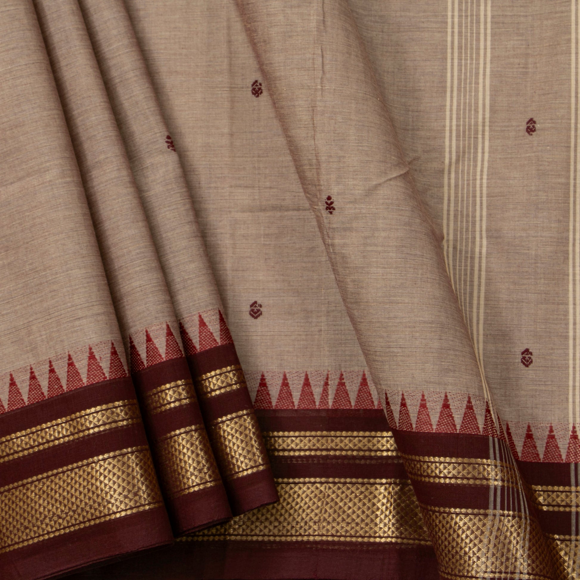 Fawn And Brown Kanchi Cotton Saree For Festive Wear PV MM KC 801 - Cotton Saree - Panjavarnam PV MM KC 801
