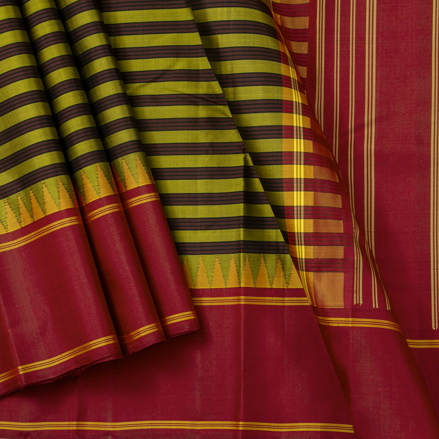 Green And Maroon Kanchipuram Silk Saree With No Zari For Office Wear PV RM NZ 481