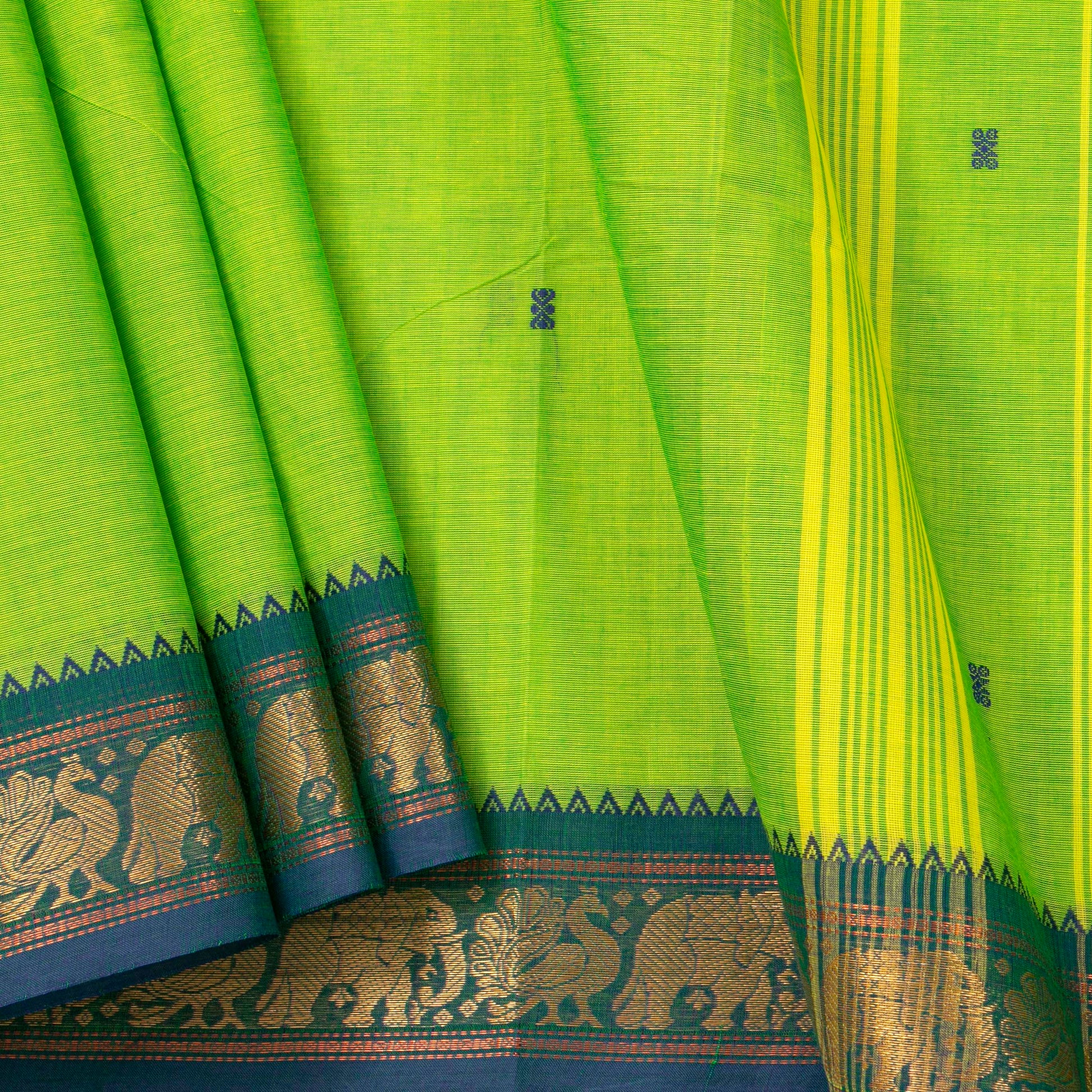 Green And Blue Kanchi Cotton Saree For Festive Wear PV MM KC 768 - Cotton Saree - Panjavarnam PV MM KC 768