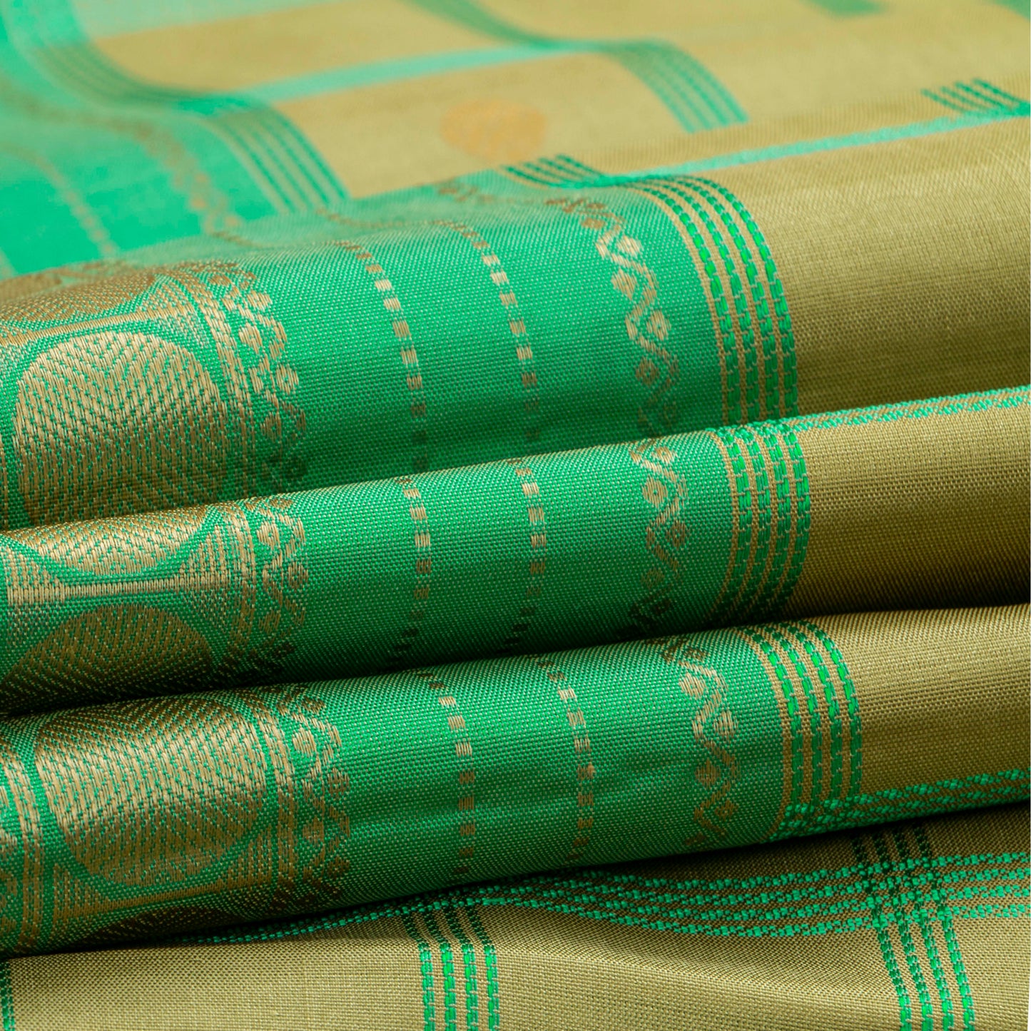 Beige And Sea Green Kanchipuram Silk Saree  For Festive Wear PV RM NZ 484